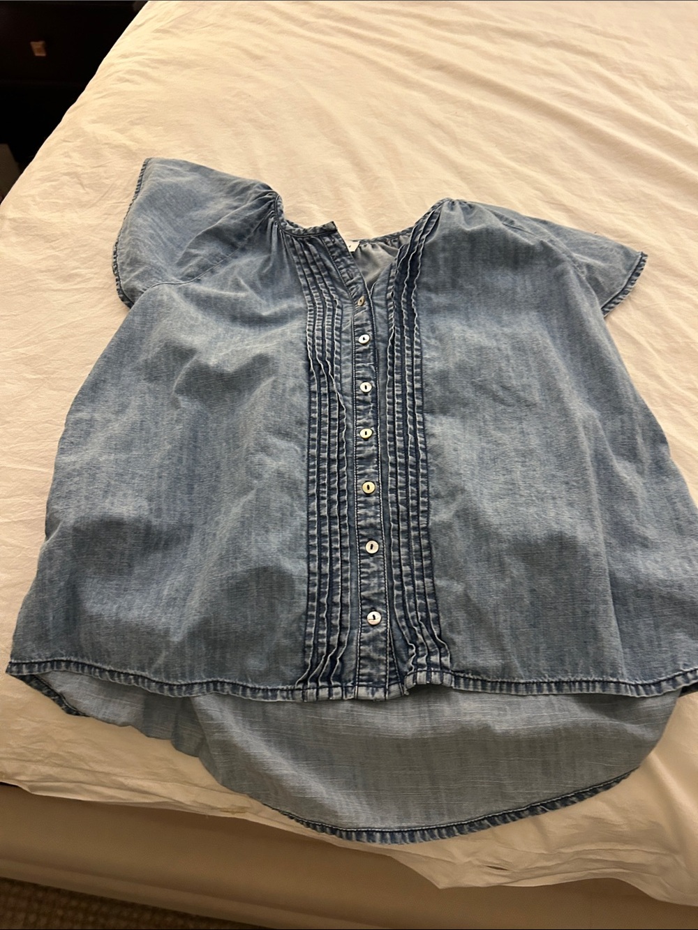 FRNCH Light Blue Denim Button-Down Pintuck Blouse